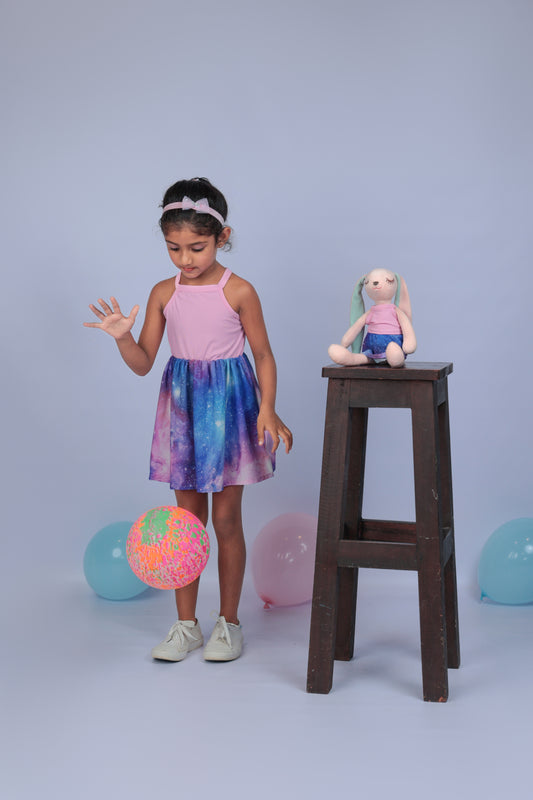 Pink Galaxy Two-Tone Halter Dress with matching Bunny- FS1113