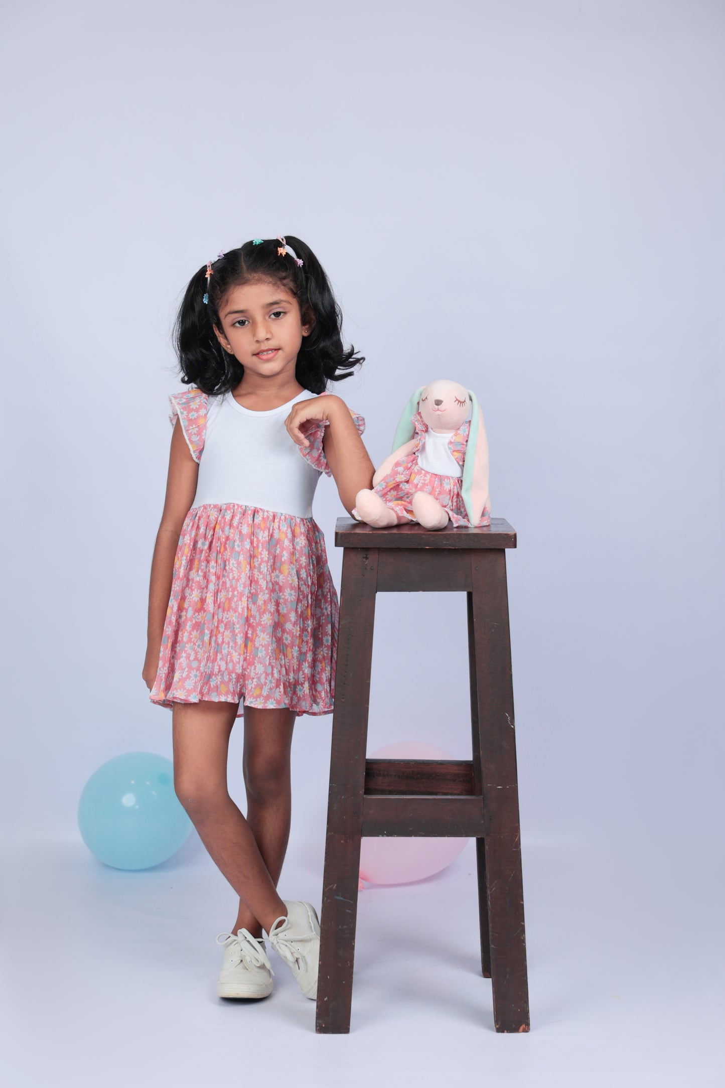Pleated Floral two tone dress with a matching Bunny- FS0016
