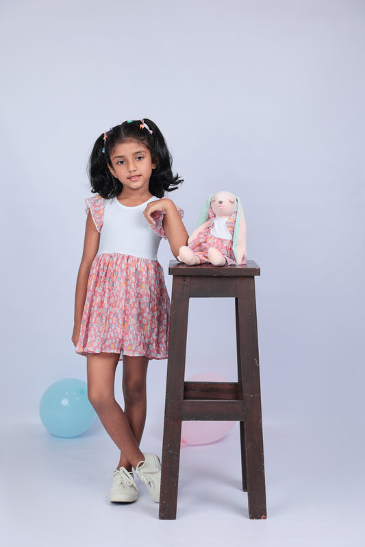 Pleated Floral two tone dress with a matching Bunny- FS0016