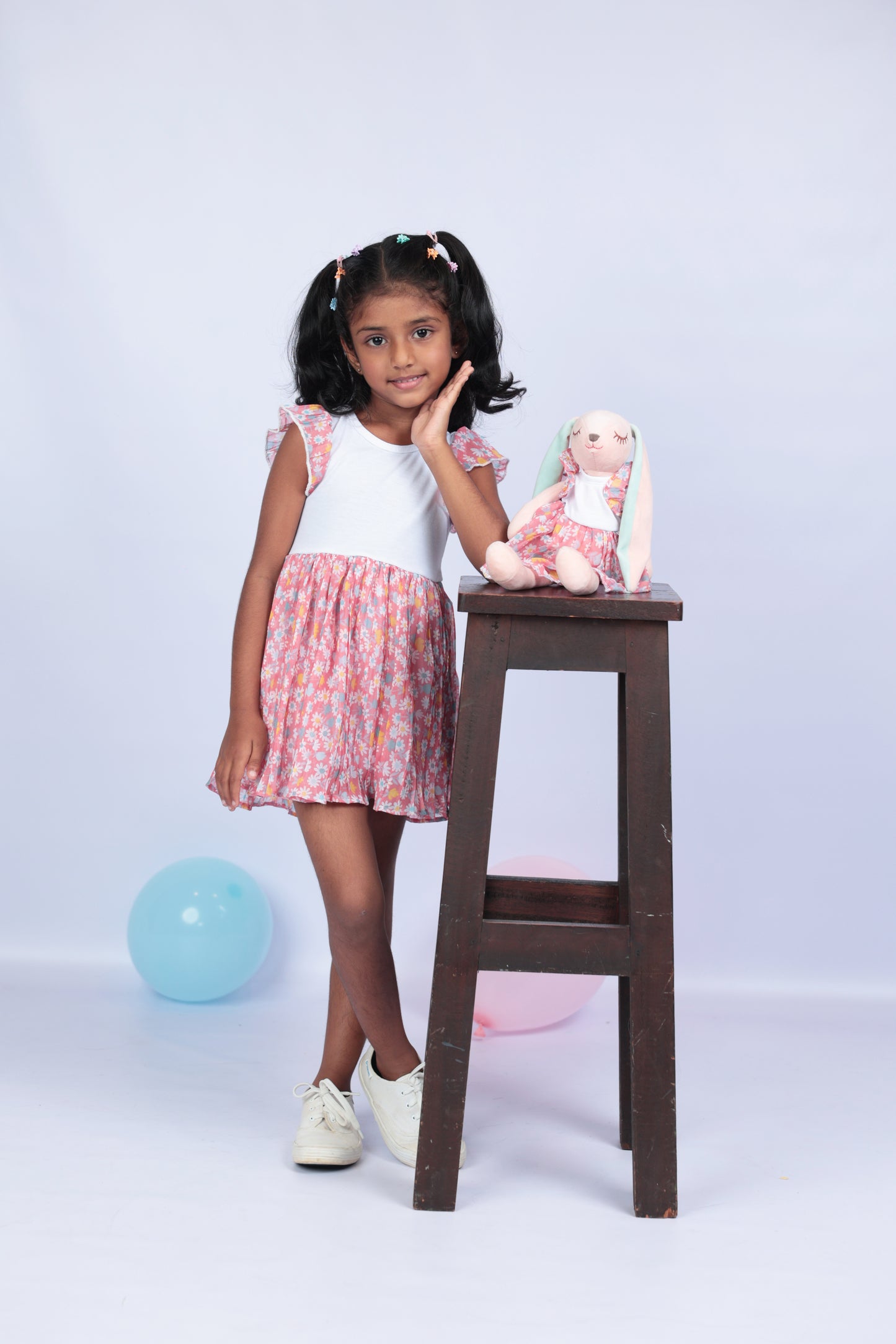 Pleated Floral two tone dress with a matching Bunny- FS0016