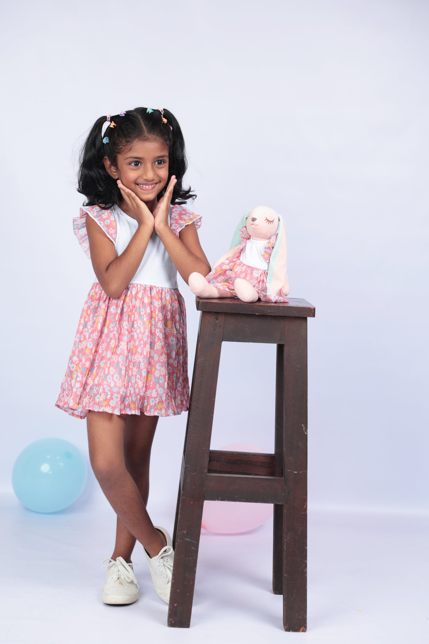 Pleated Floral two tone dress with a matching Bunny- FS0016