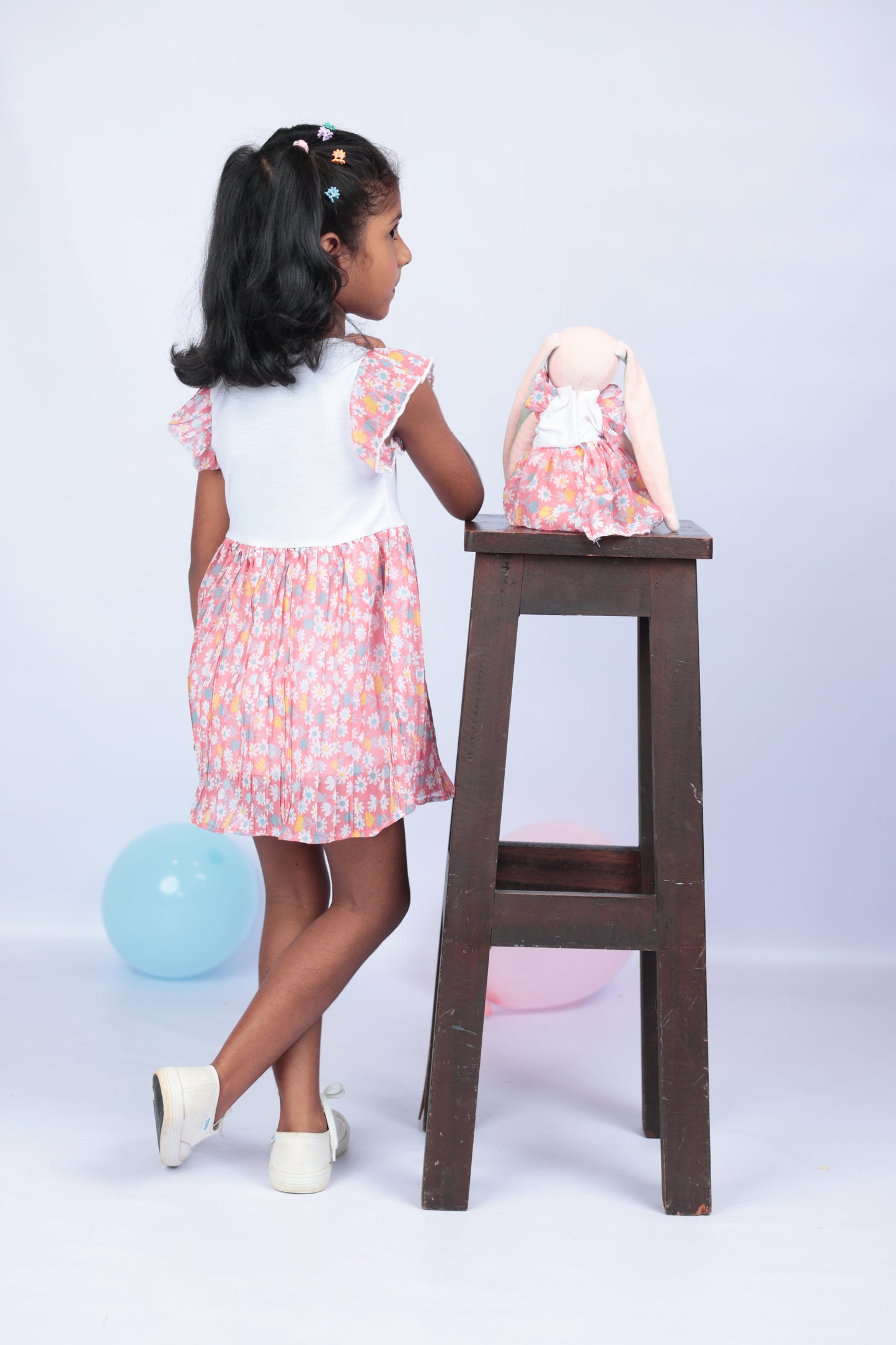 Pleated Floral two tone dress with a matching Bunny- FS0016