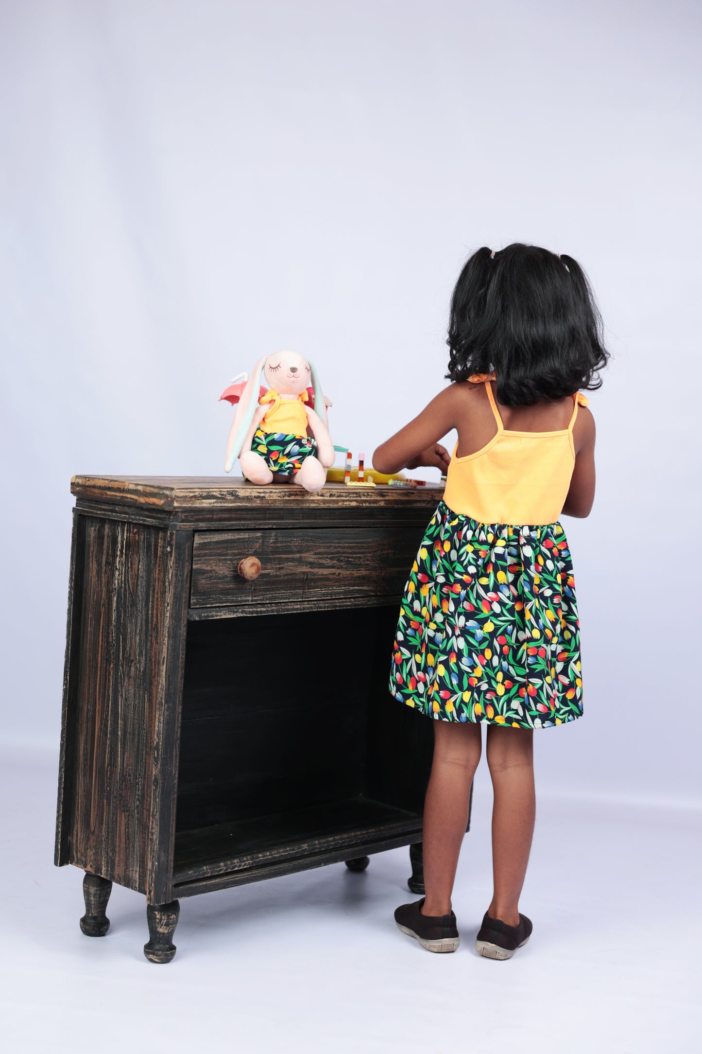 Orange Spaghetti Strap Two-Tone Dress with Matching Bunny- FS1112