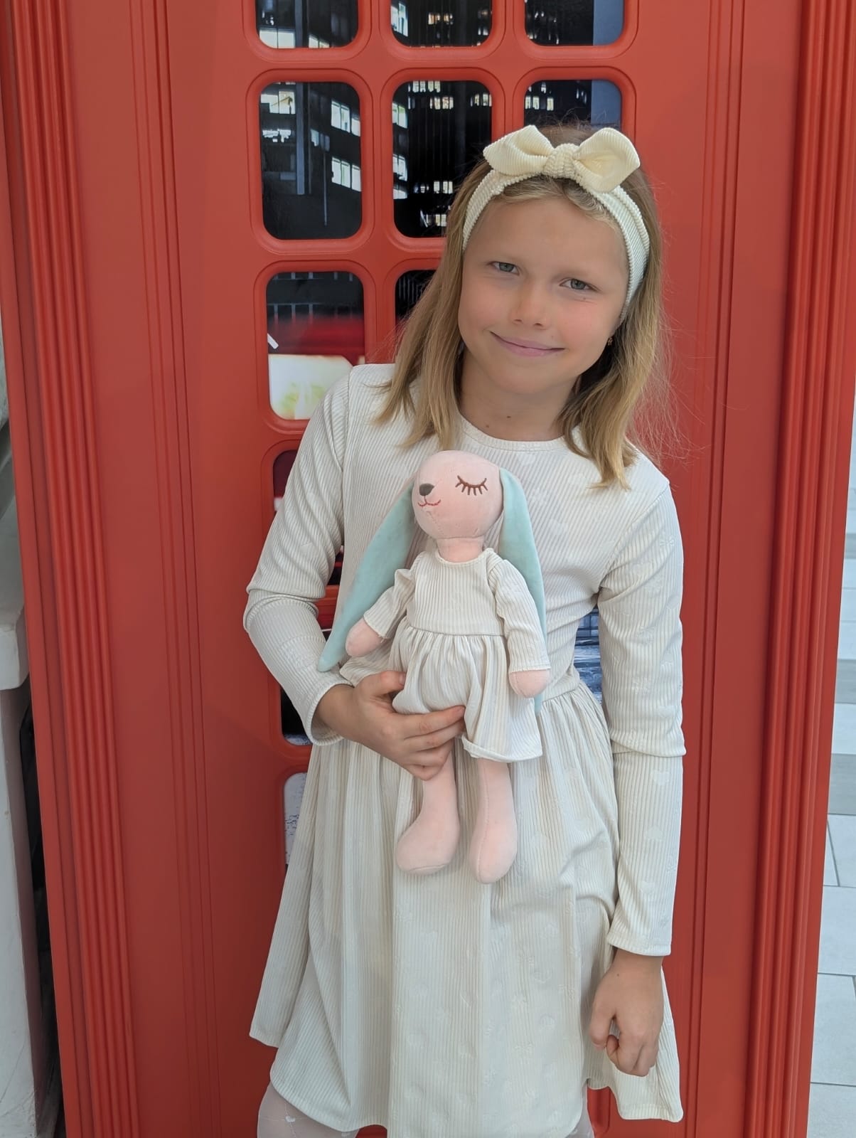 Toddler Girl’s Cream White Heart-Embossed Long Sleeve Dress with a matching Bunny- FS0025