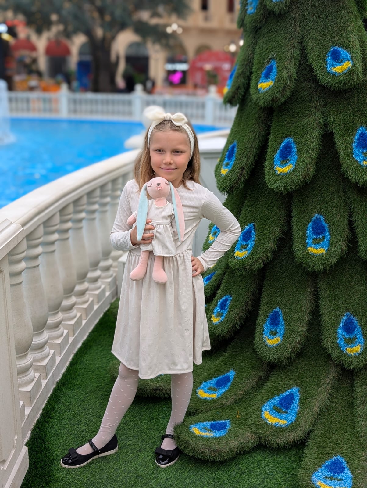 Toddler Girl’s Cream White Heart-Embossed Long Sleeve Dress with a matching Bunny- FS0025
