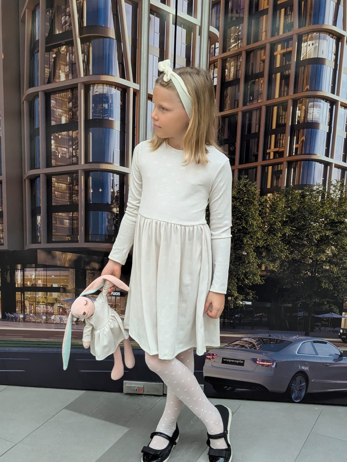 Toddler Girl’s Cream White Heart-Embossed Long Sleeve Dress with a matching Bunny- FS0025